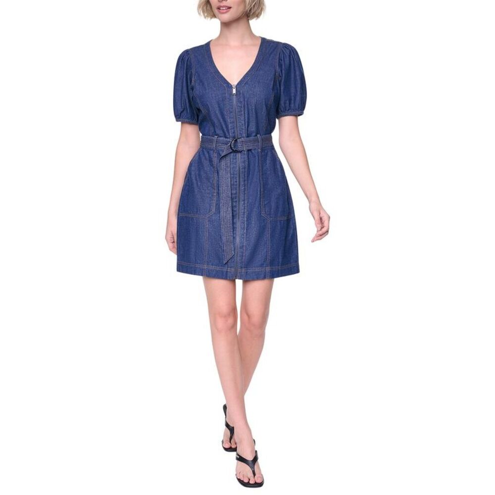Dkny Womens Puff Sleeve Belted Dress, Blue
